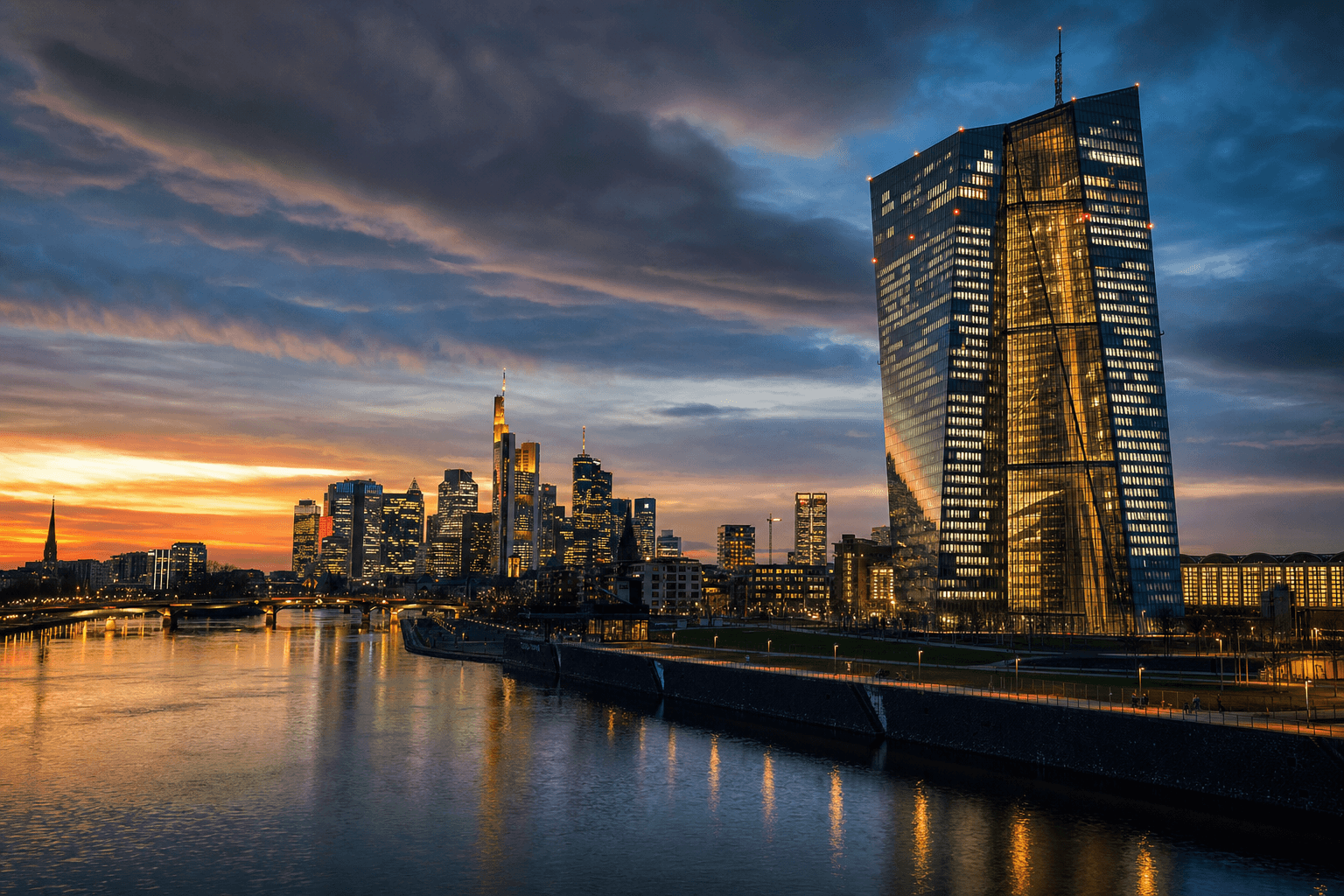 Frankfurt skyline at dusk with skyscrapers and the Main River