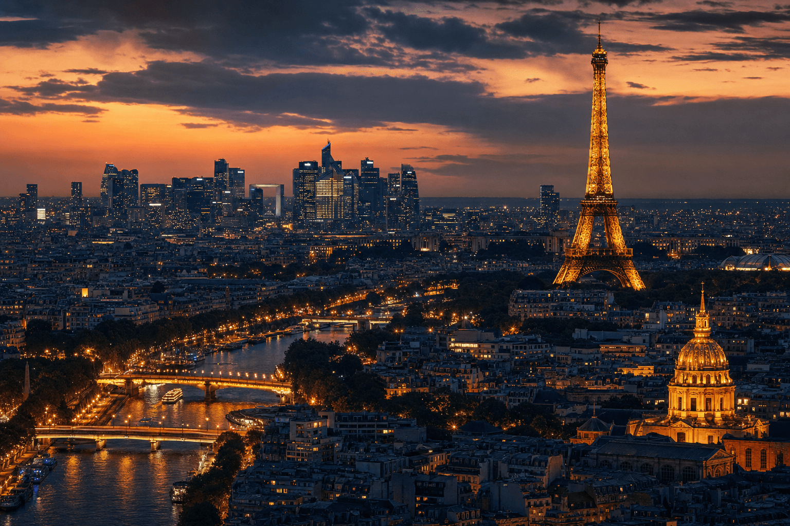 Paris skyline at dusk with the Eiffel Tower, Seine River, and La Défense modern skyscrapers