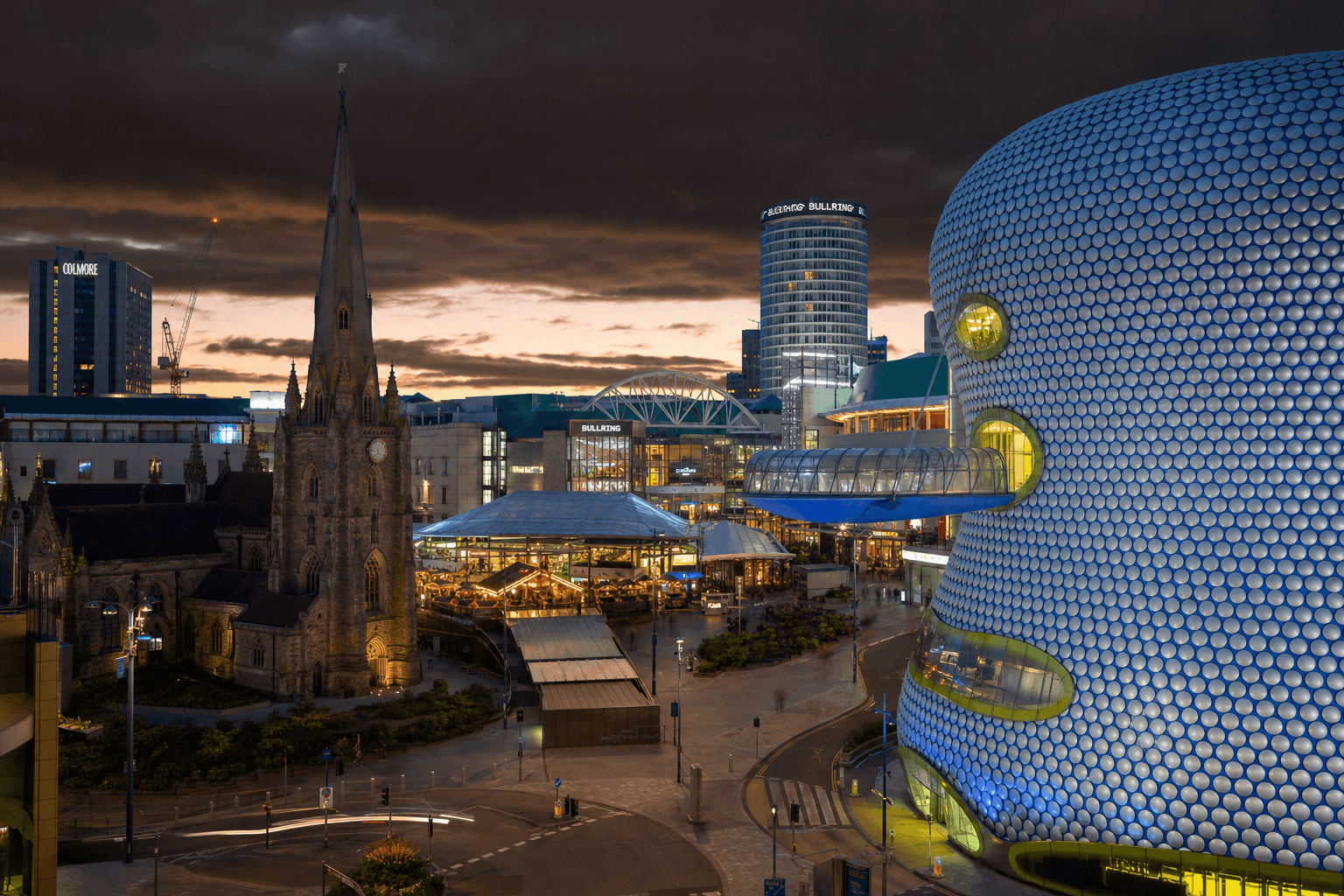 Birmingham Bullring and surrounding modern architecture at dusk