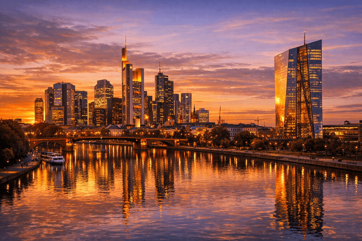 Skyline of Frankfurt am Main at sunset with skyscrapers and river reflections