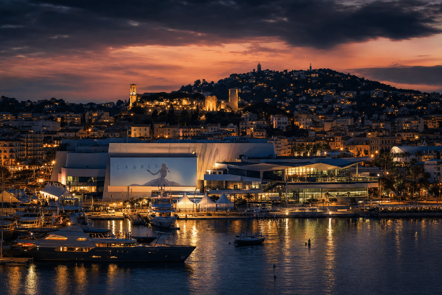 Cannes skyline at dusk with the Mediterranean coastline, Palais des Festivals, and luxury yachts