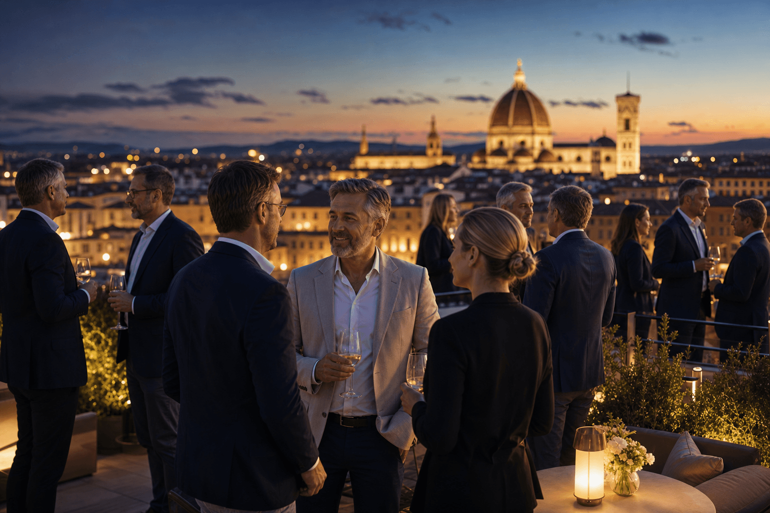 Senior executives networking on a terrace overlooking a European city skyline at dusk, warm golden and navy tones