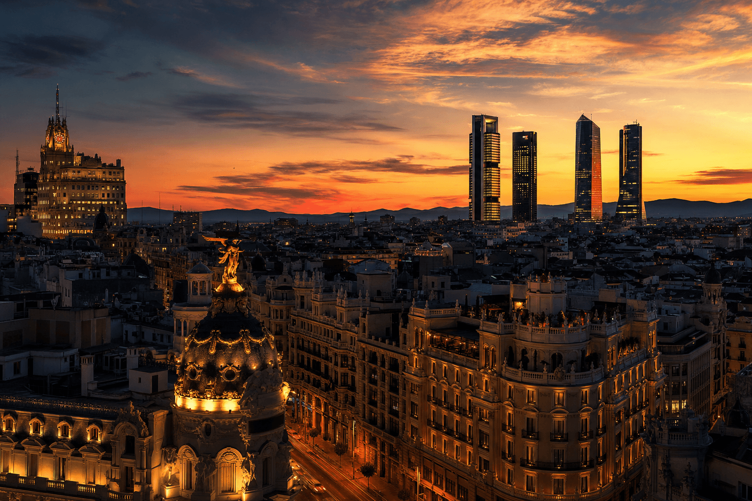 Madrid city skyline at dusk with warm amber and gold tones