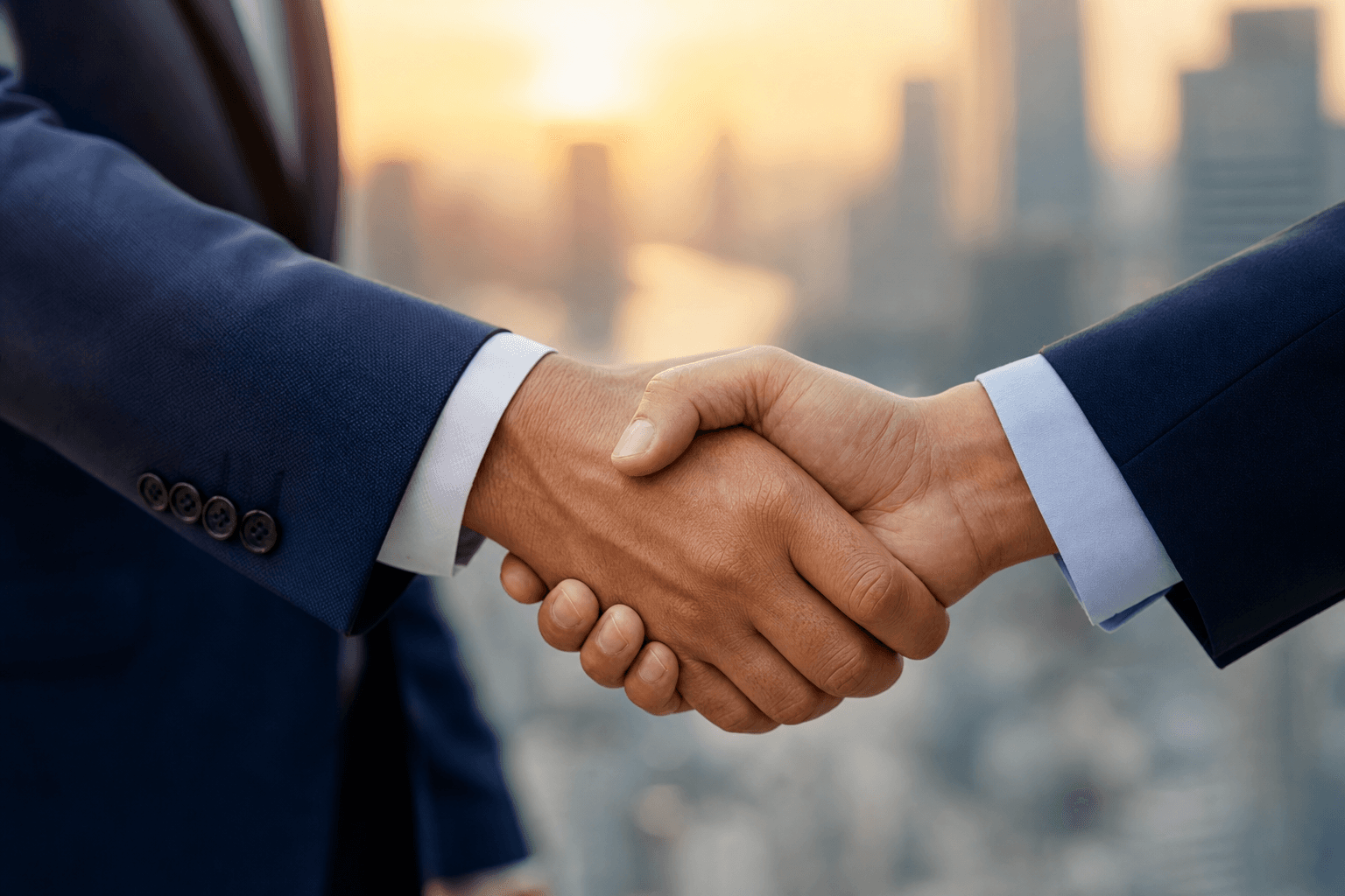 Close-up of a business handshake between two executives, warm golden hour light with blurred city skyline