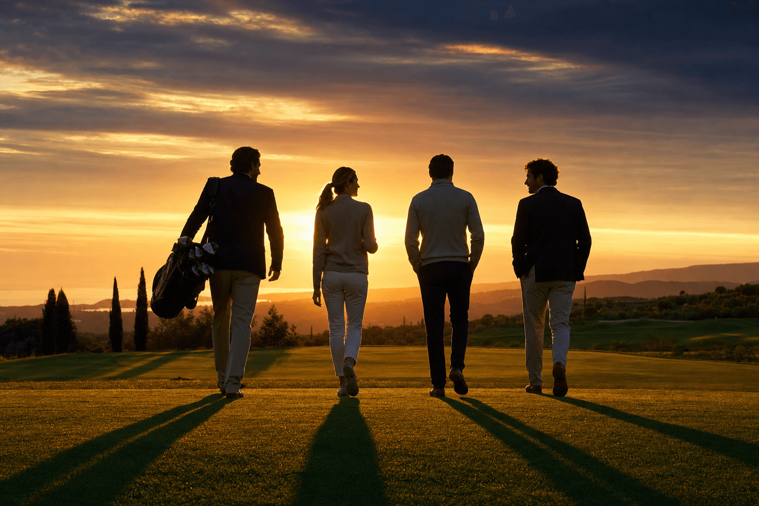 Business professionals walking on a golf course at sunset, silhouettes against a dramatic gold and navy sky