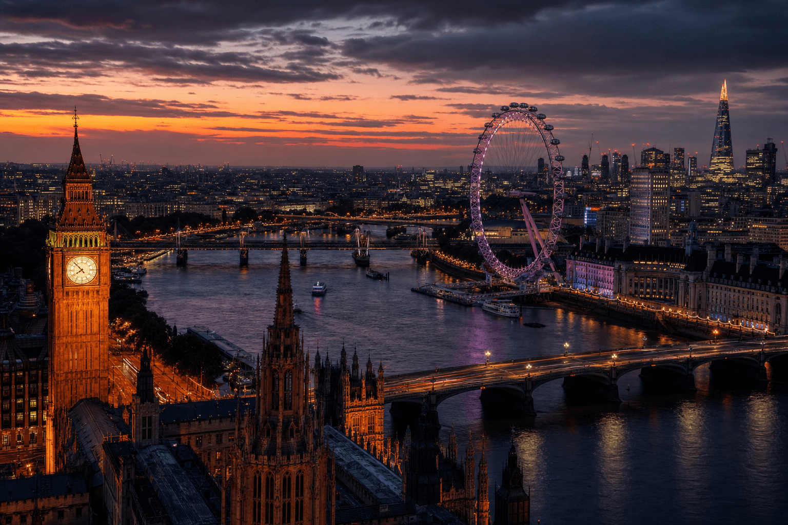 London skyline at dusk with the Thames, Big Ben, London Eye, and the Shard