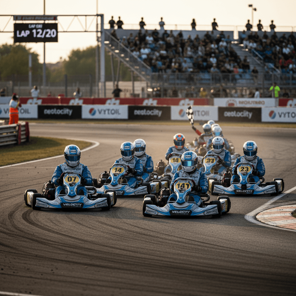 business professionals in team-branded racing suits standing near go karts on track