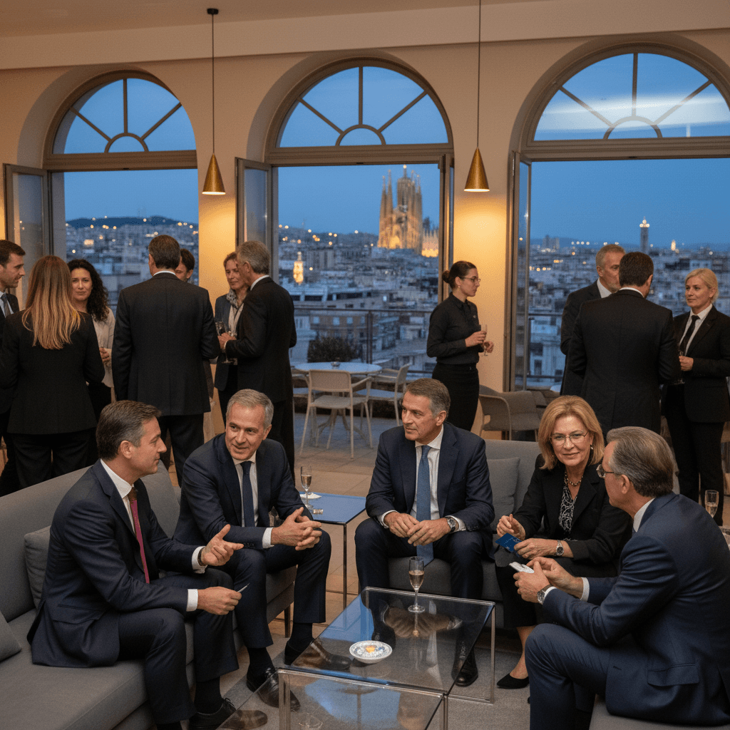 Senior executives in business attire networking at an elegant event in Barcelona, engaging in conversations.