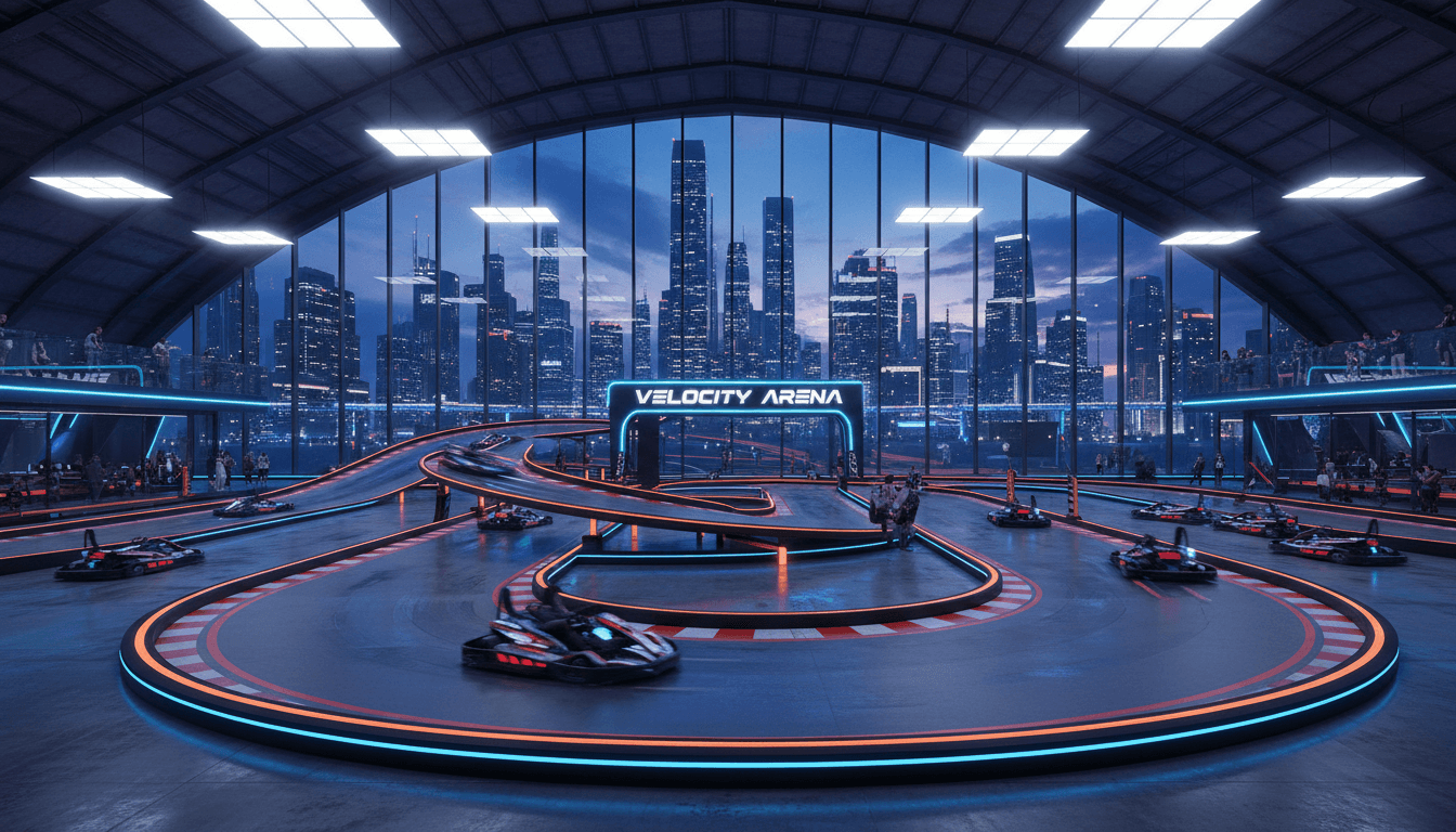 Indoor go-kart track with London skyline visible through large windows