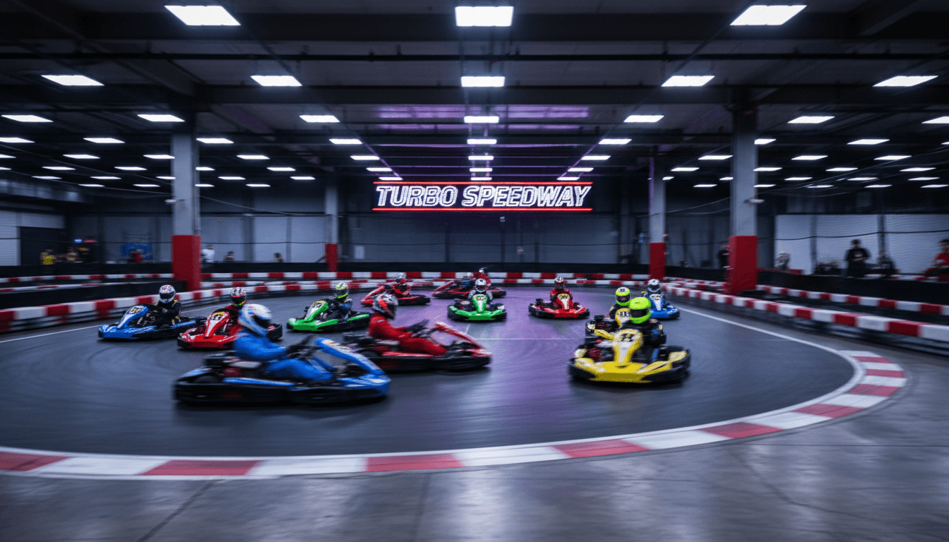 Go-kart racers speeding around an indoor track with colorful karts and bright overhead lights