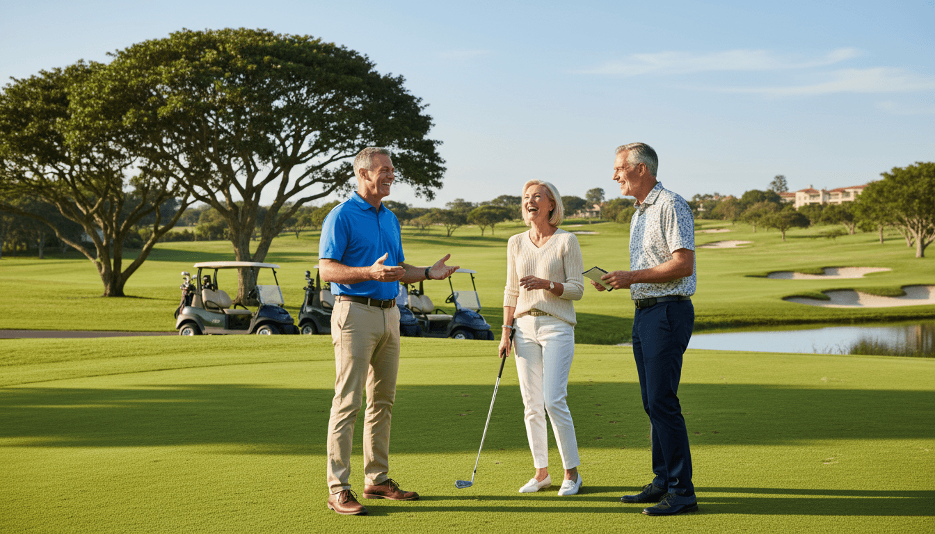 Two senior executives in business casual attire talking casually on a sunny golf course