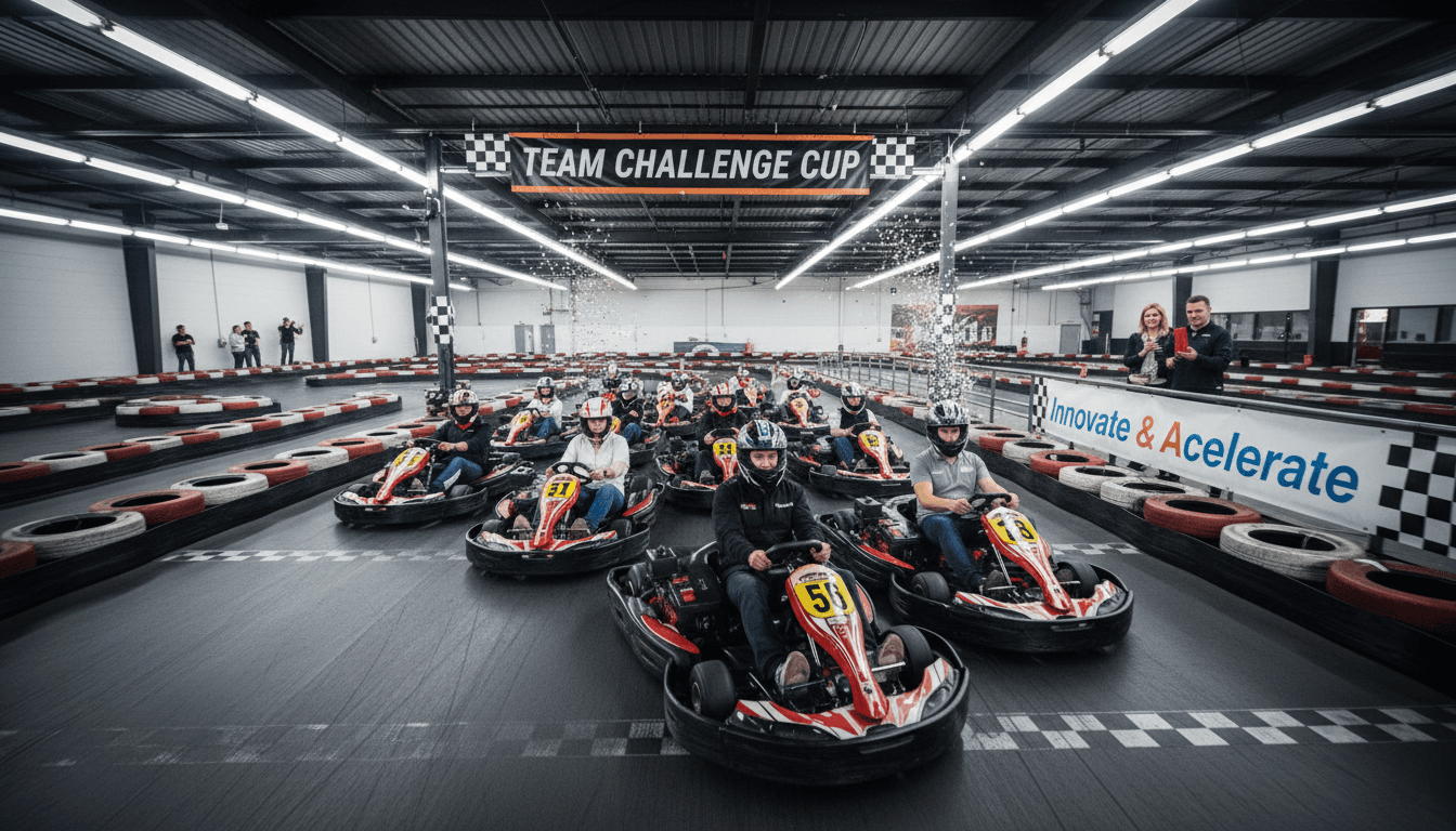 IT professionals and executives competing in go-kart racing at a corporate networking event
