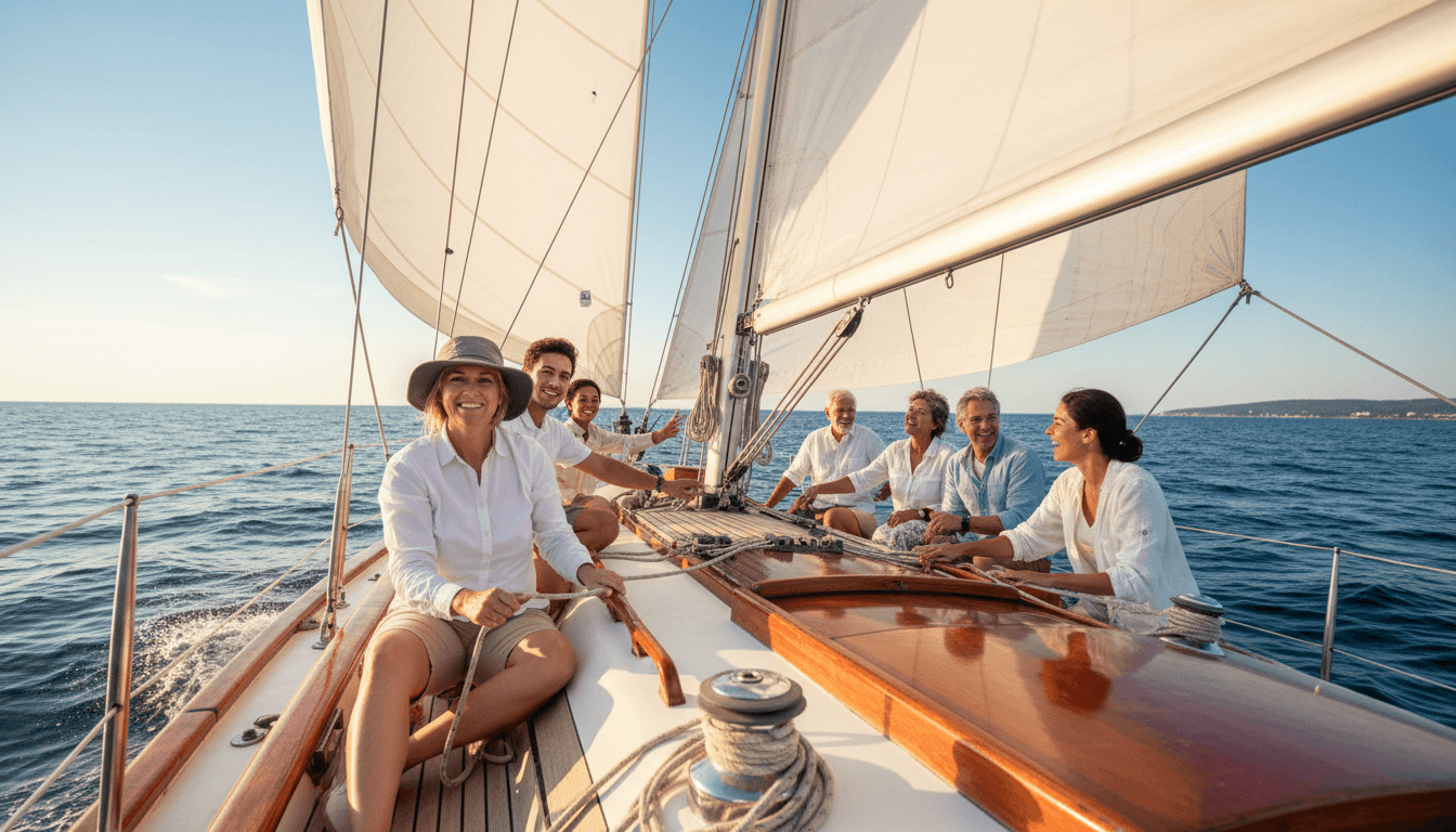 Diverse group of sailors on boat deck enjoying afternoon sailing outing with billowed white sails and open ocean view