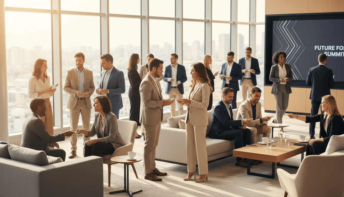 Wide shot of business professionals exchanging smart business cards at modern networking event in bright contemporary venue