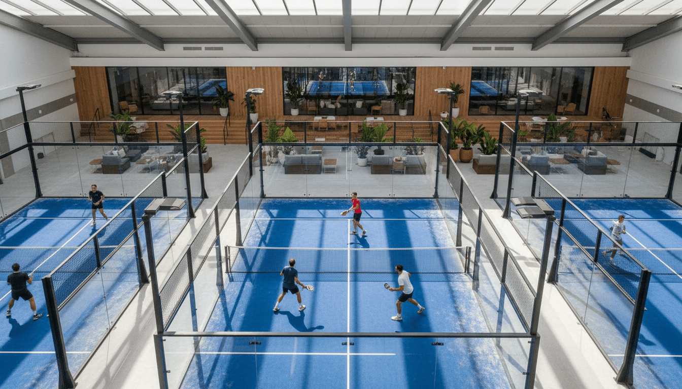 Overhead view of intense padel match with players rallying on professionally lit glass-walled court with clubhouse visible in background