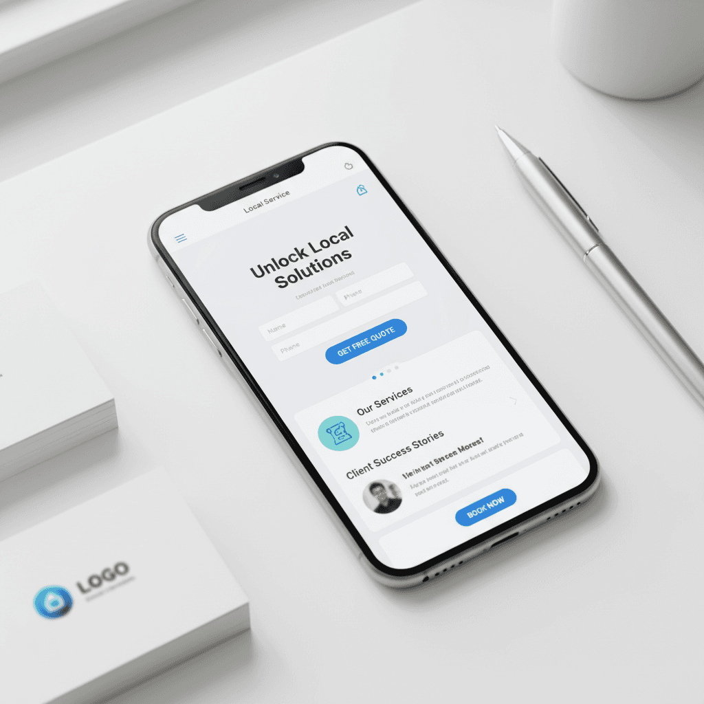 Mobile phone displaying professional local service business website with lead capture form and booking buttons on clean white desk