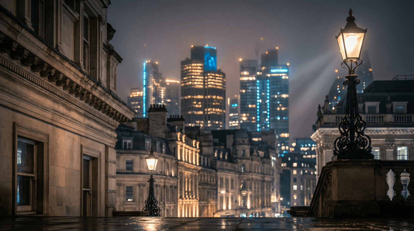 Night London skyline with illuminated historic building facades, warm and cool bokeh city lights, elegant architectural detail.