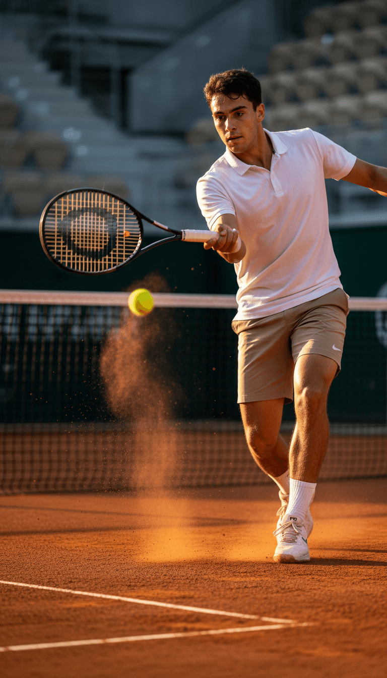 Young tennis player mid-forehand stroke on clay court with intense focus and athletic form, golden sunlight highlighting the action