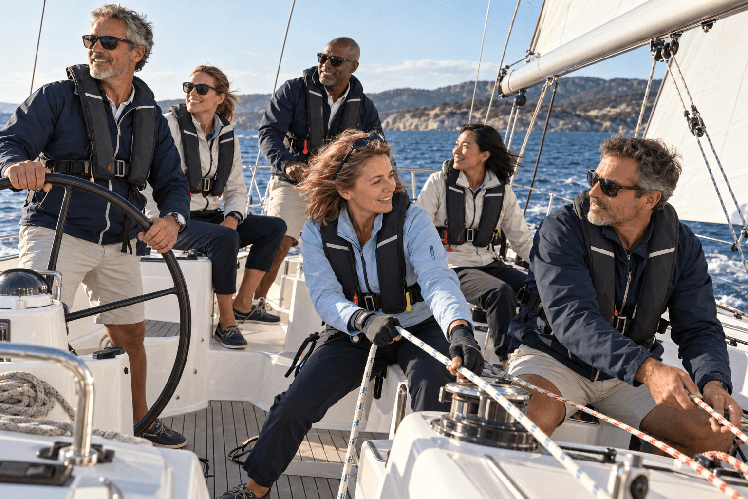 Diverse group of people wearing life jackets and sunglasses sailing a boat on the ocean.