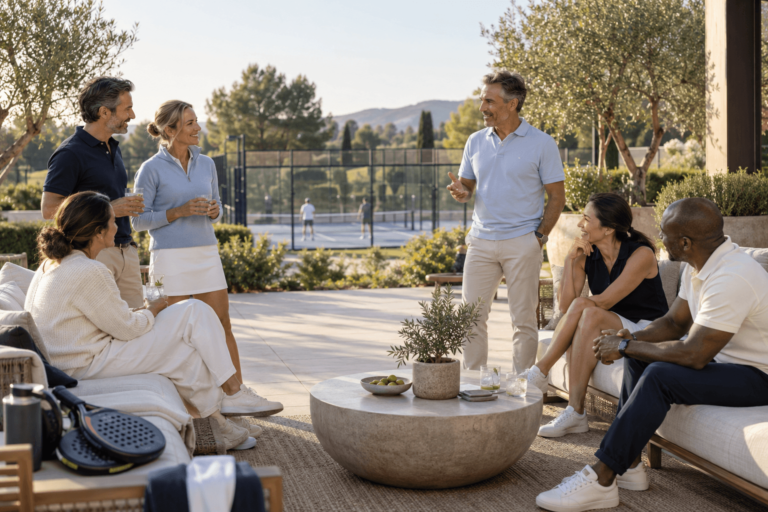 Diverse group of friends socializing on a sunny patio overlooking a scenic pickleball court.