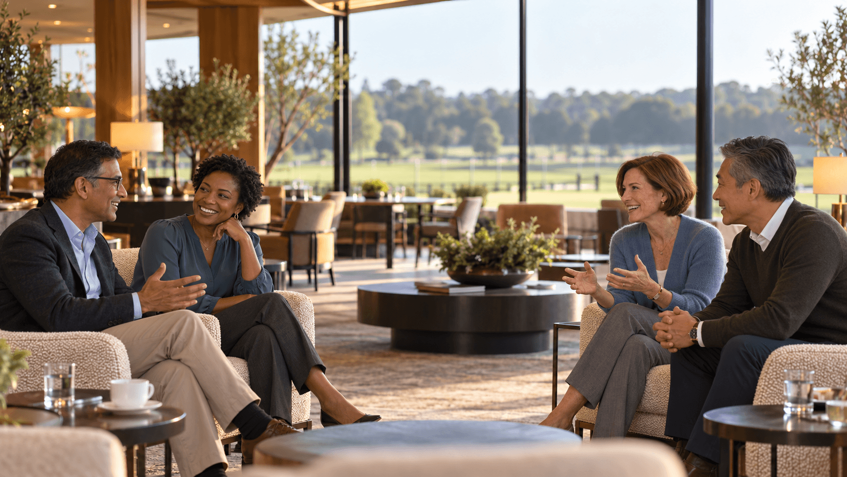 Four diverse professionals chatting in a sunlit, upscale lounge overlooking a scenic green landscape.