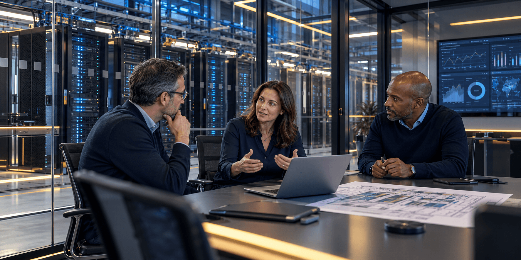 Three professionals collaborate in a high-tech conference room overlooking a glowing server data center.