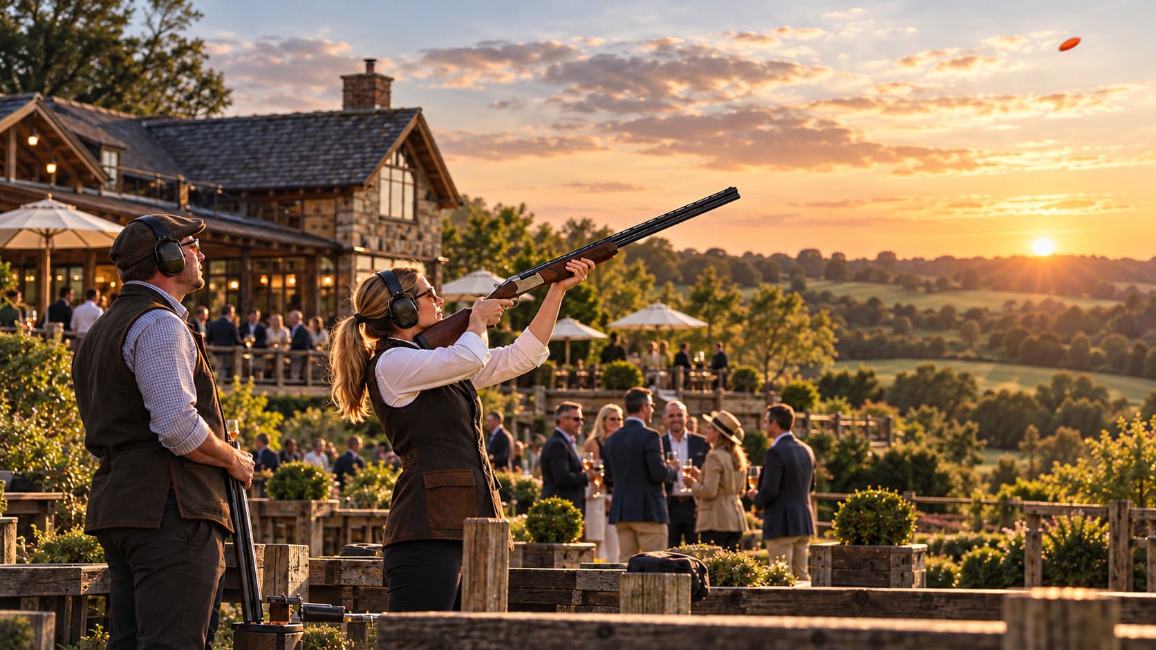 Woman aims shotgun at clay pigeon during sunset at a scenic countryside social gathering.