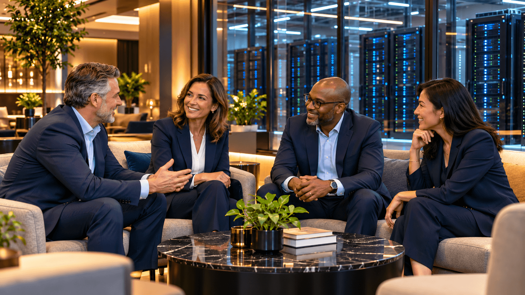 Four diverse business professionals in suits conversing in a modern lounge with server racks.