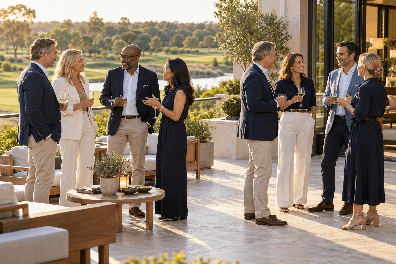 Elegantly dressed people socialize with drinks on a sunlit terrace overlooking a lush landscape.