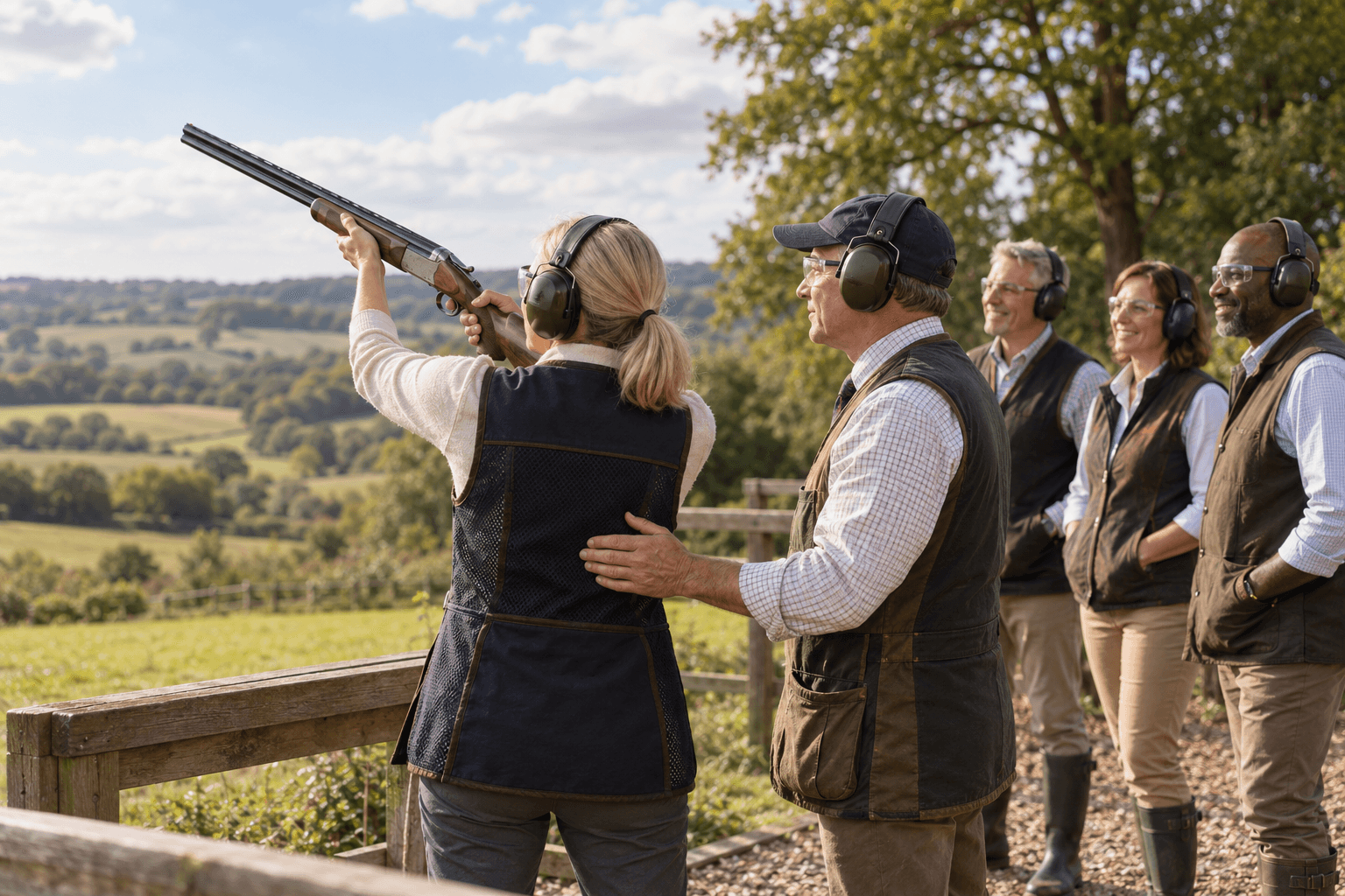 Woman aims a shotgun with an instructor's guidance while friends watch in a scenic landscape.