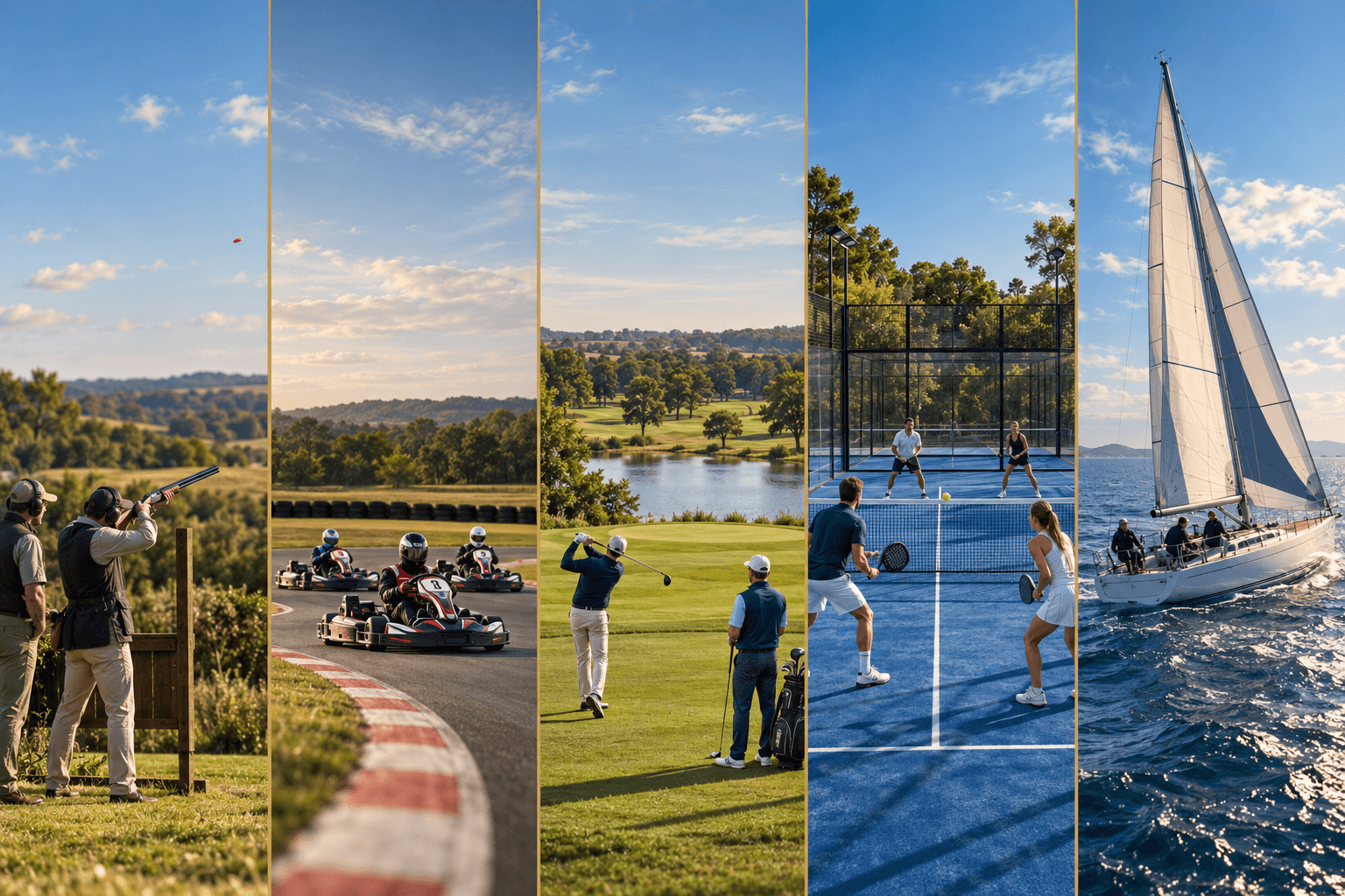 Collage of five outdoor activities: clay shooting, go-karting, golfing, padel tennis, and sailing.