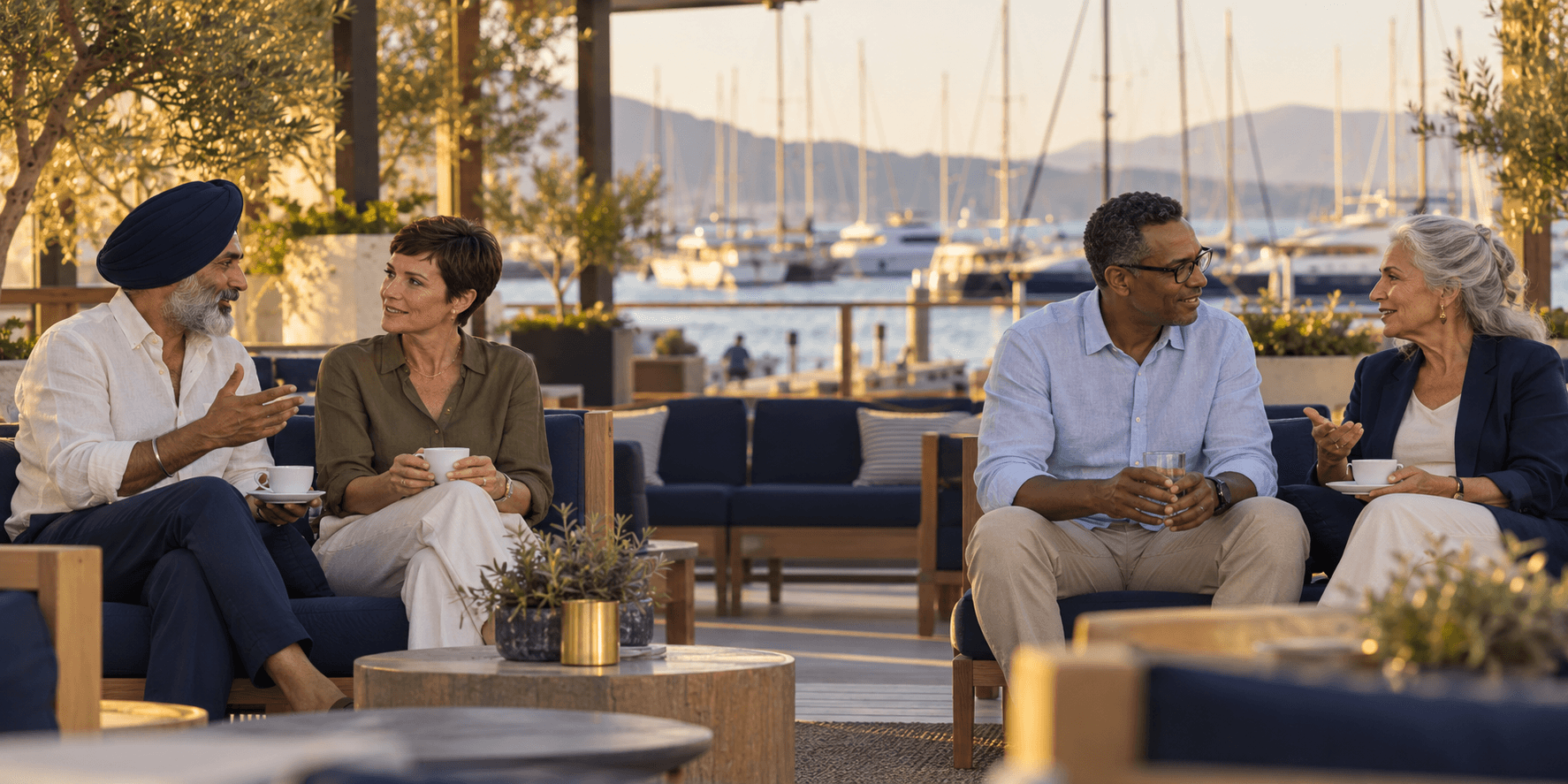Diverse adults talking and drinking on a lounge patio overlooking a harbor at sunset.