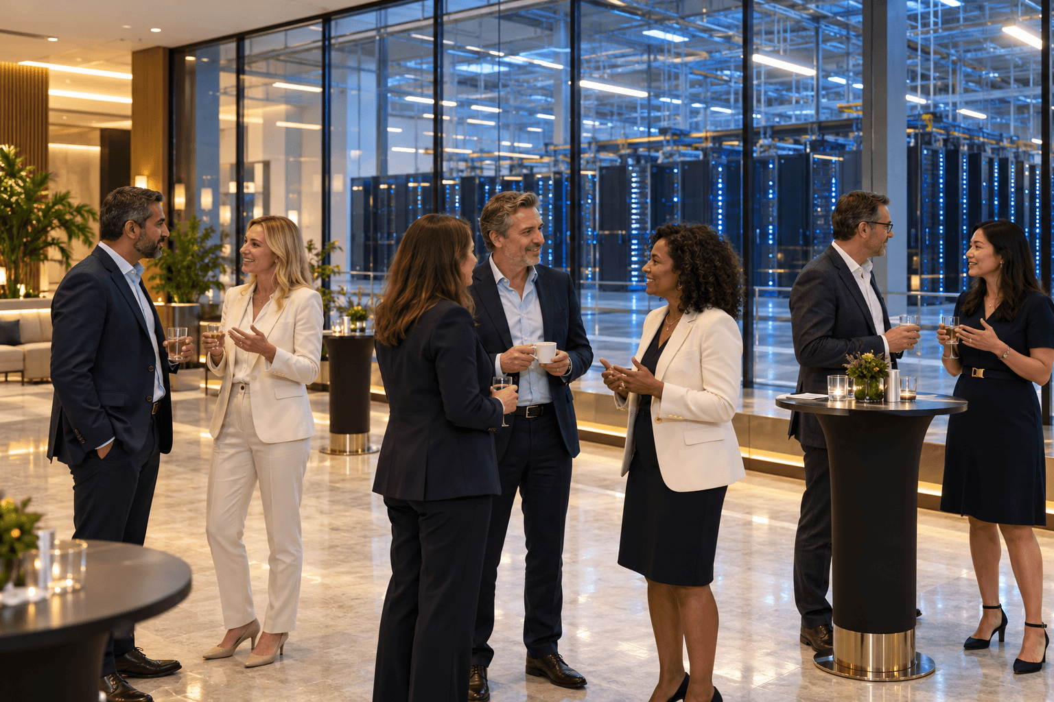 Diverse business professionals networking in a modern lounge overlooking a high-tech data center.