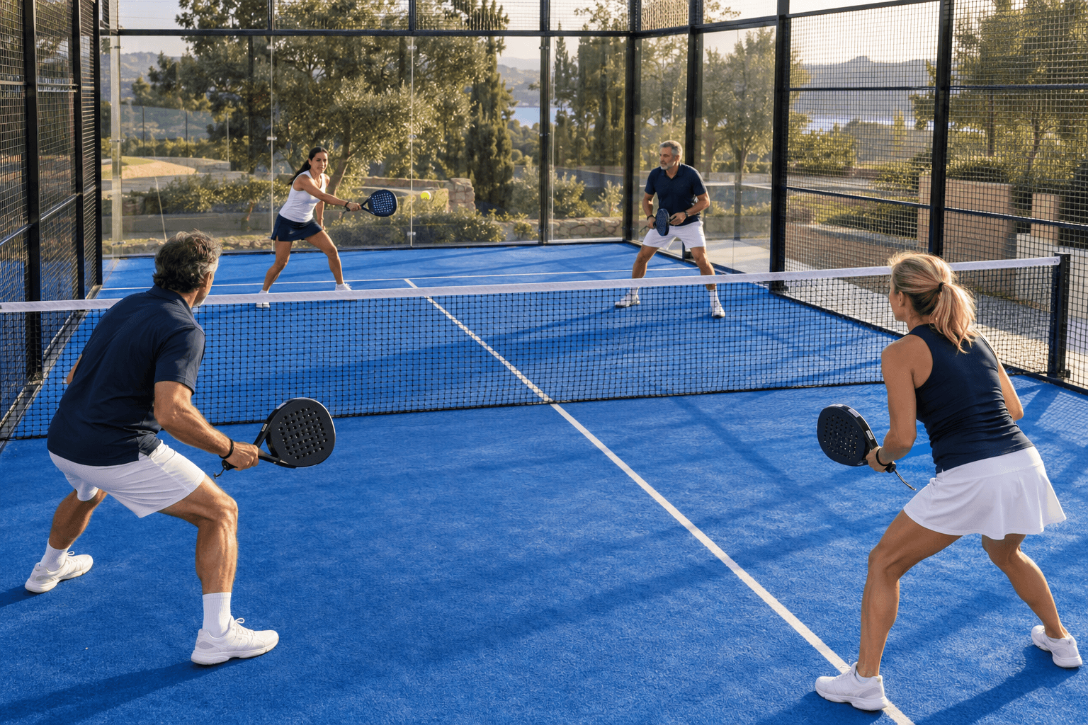 Four people playing doubles padel on a blue outdoor court with glass walls.