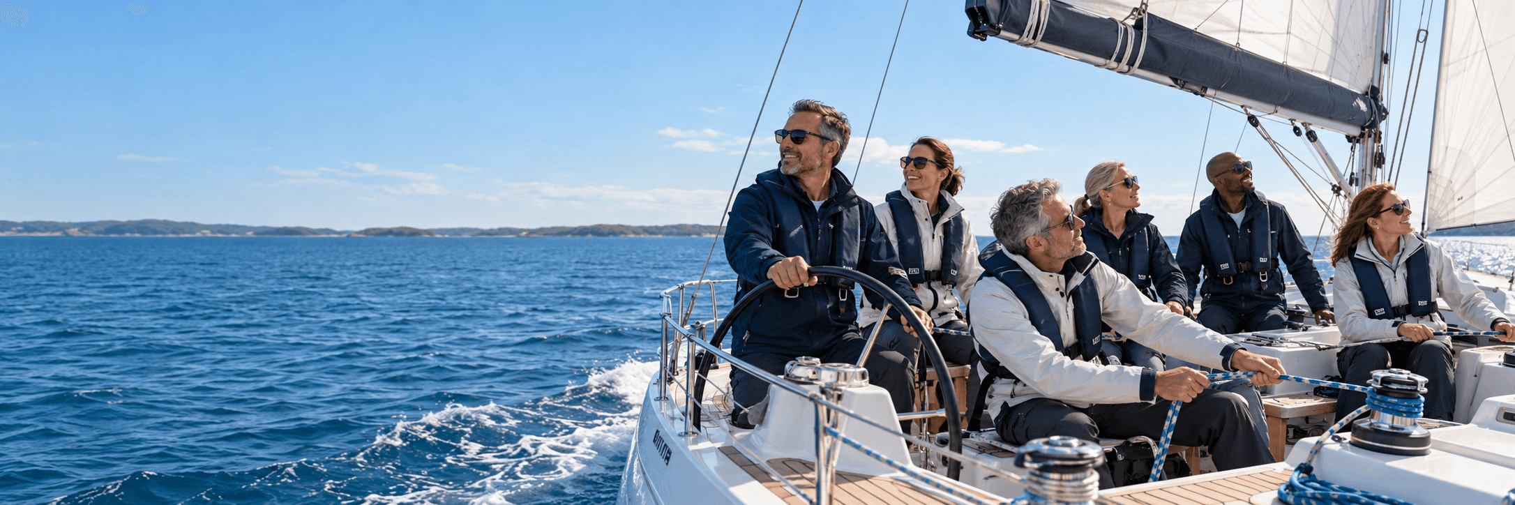 Diverse group of people in life vests sailing a yacht on the blue sea.
