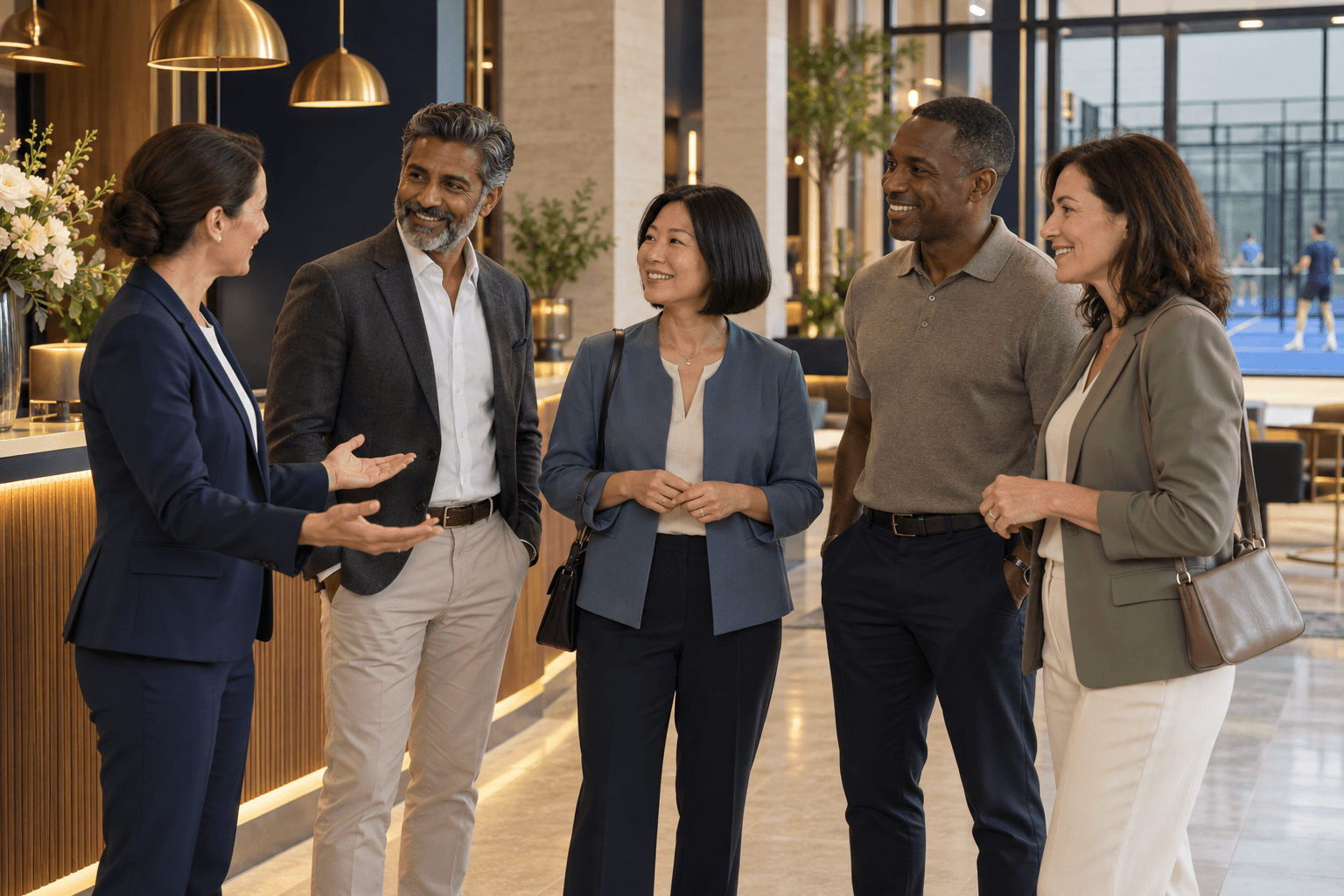 Diverse professionals smiling and talking with a staff member in a modern, upscale lobby.