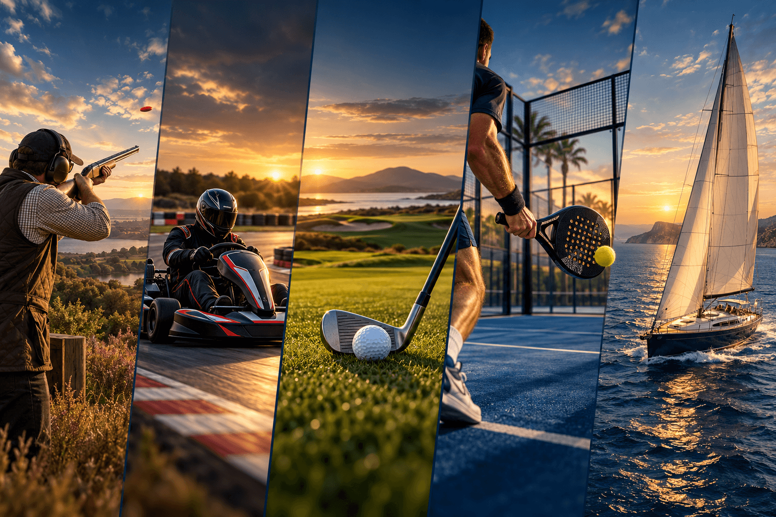 Collage of clay shooting, go-karting, golf, padel, and sailing under a golden sunset sky.