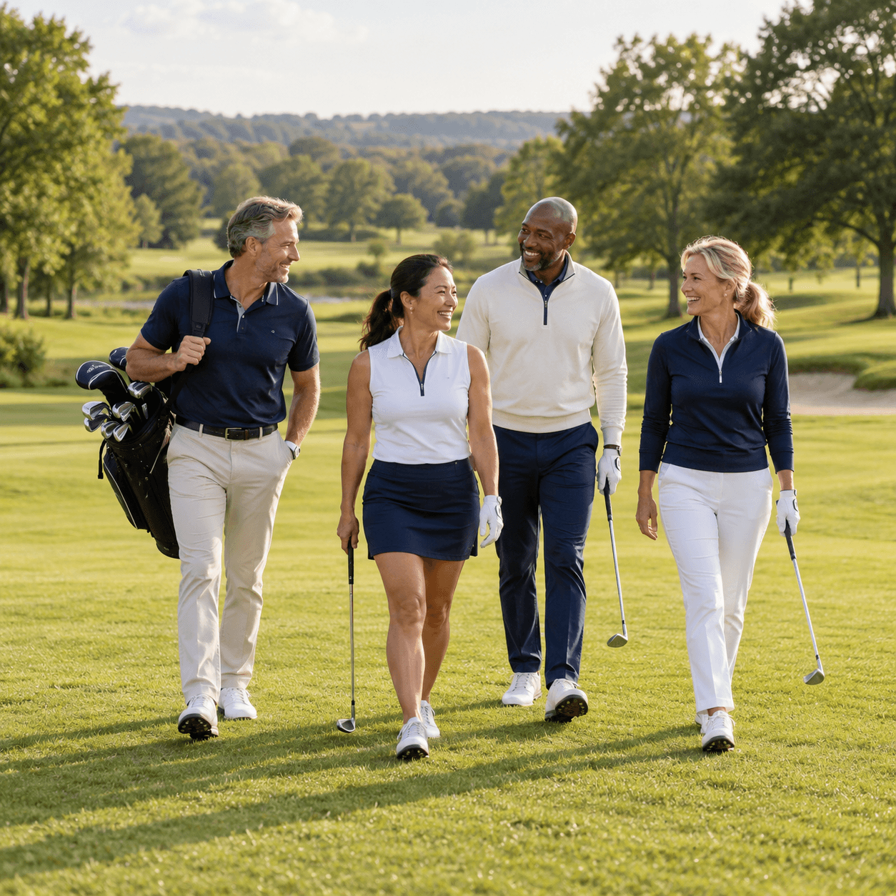 Four diverse golfers walking across a sunlit green fairway, smiling and carrying their clubs.