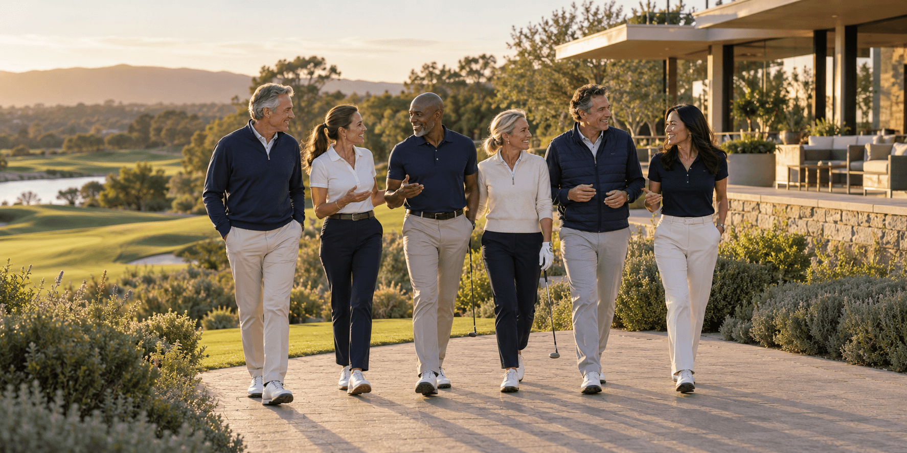 Six diverse adults in golf attire walk and talk along a scenic path at sunset.