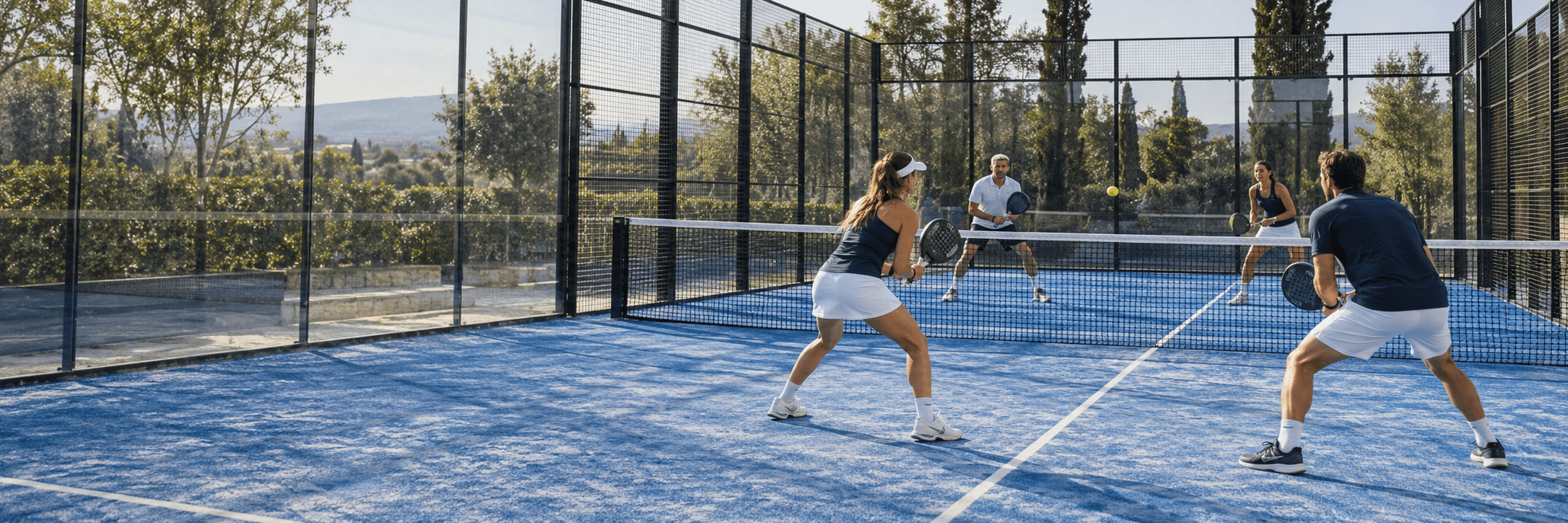 Four people playing a doubles padel match on a blue outdoor court with glass walls.