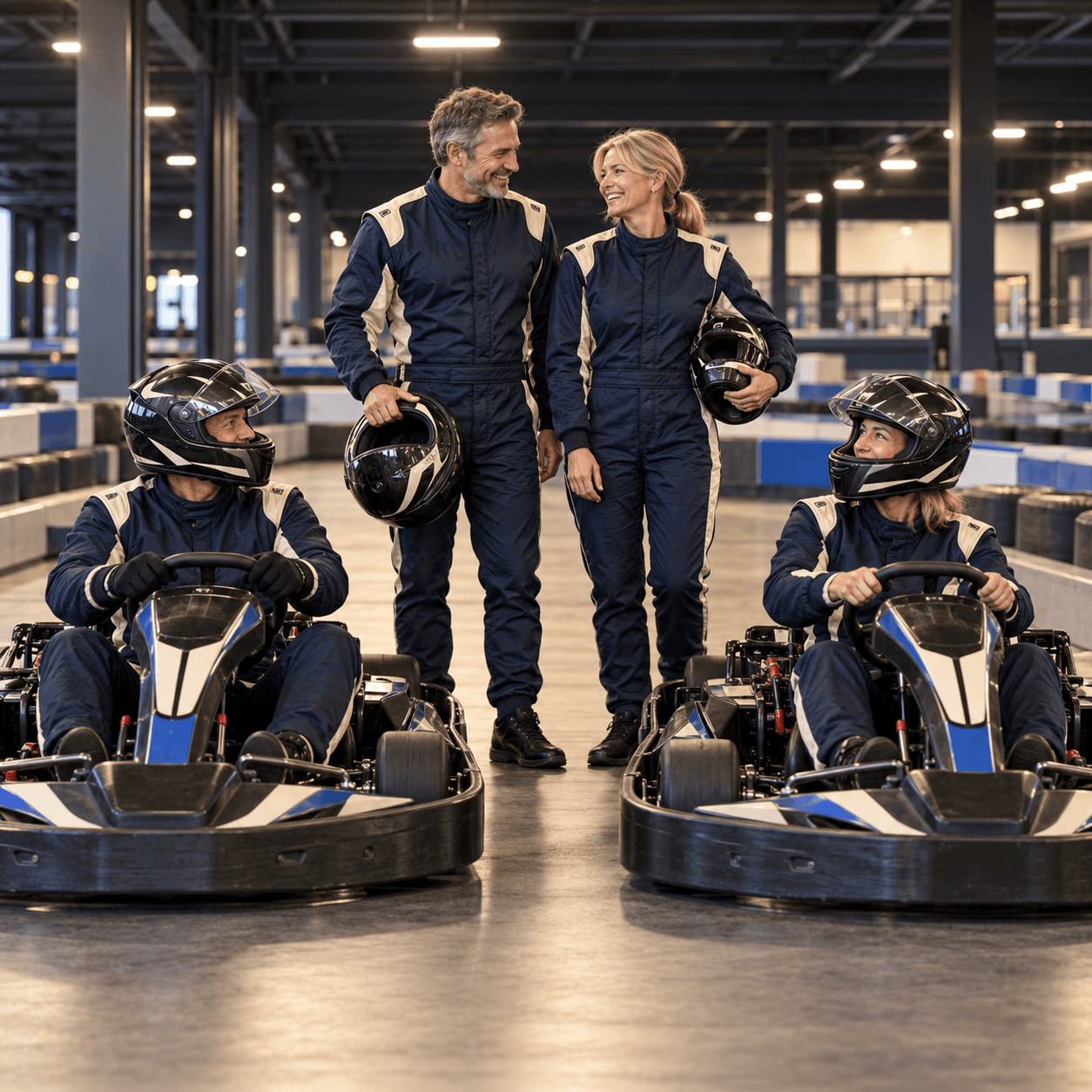 Four people in racing suits at a karting track, two standing and two in karts.