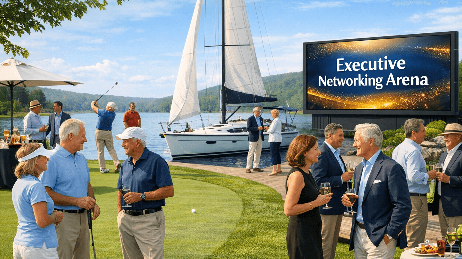 Executives networking outdoors near a sailboat and golf course with an Executive Networking Arena screen.